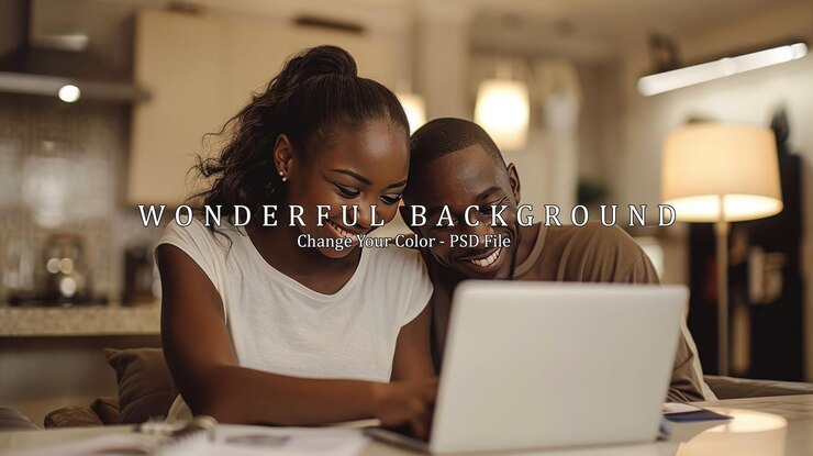 PSD happy couple using a laptop together at home