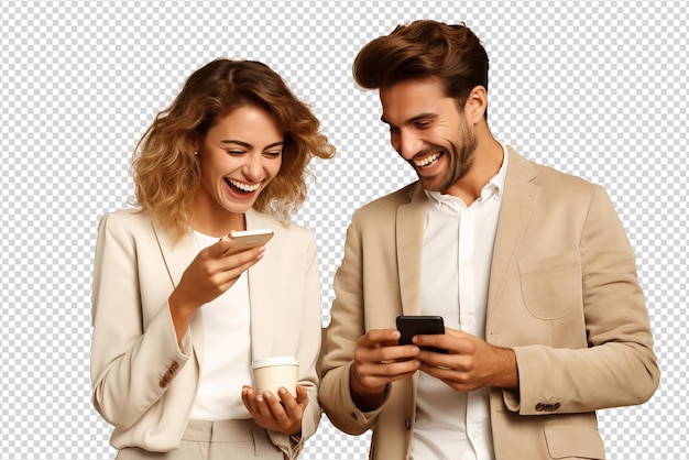 PSD happy couple using smartphone isolated on a transparent background