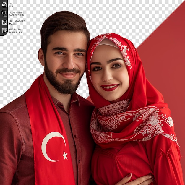 PSD happy couple wearing turkey shirt on transparent background