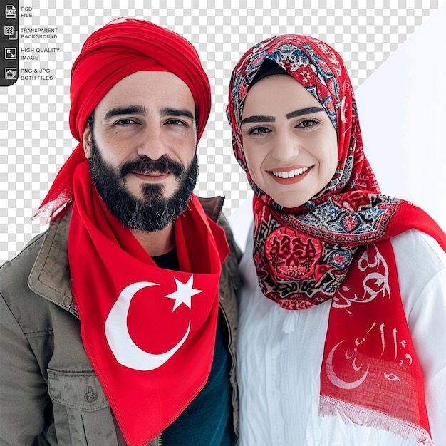 PSD happy couple wearing turkey shirt on transparent background