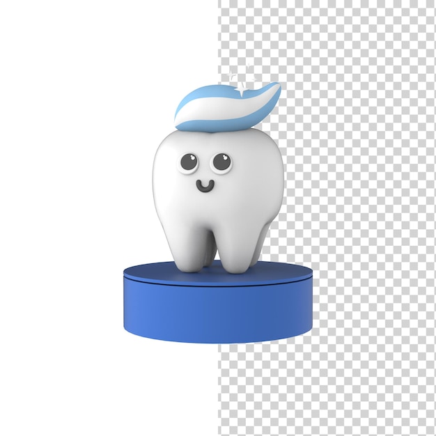 PSD happy cute cartoon tooth with toothpaste 3d render model isolated blue background dentistry modern