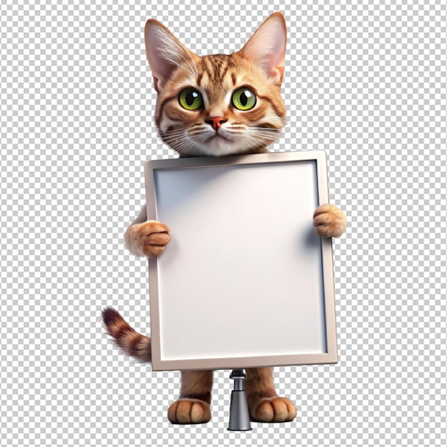 PSD a happy cute cat holding sign board on transparent background