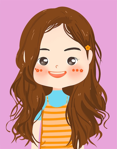 행복한 귀여운 소녀 Chibi 손으로 그린 만화 캐릭터 일러스트레이션