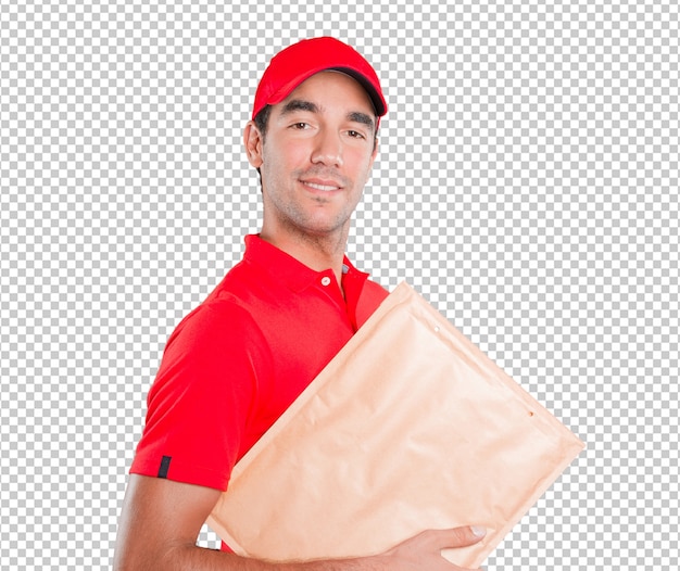 Happy delivery man delivering a package