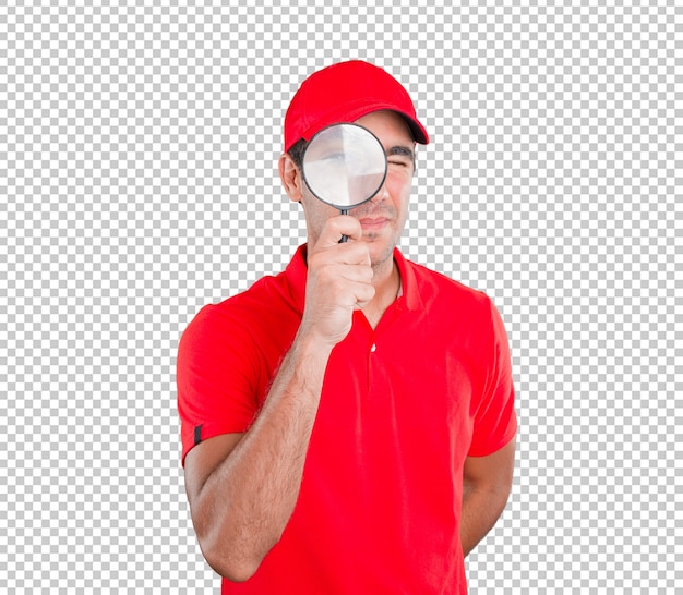 PSD happy delivery man using a magnifying glass