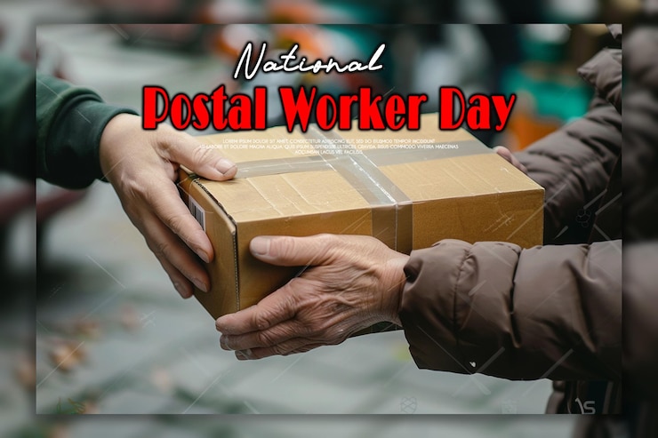PSD happy deliveryman with national postal worker day background