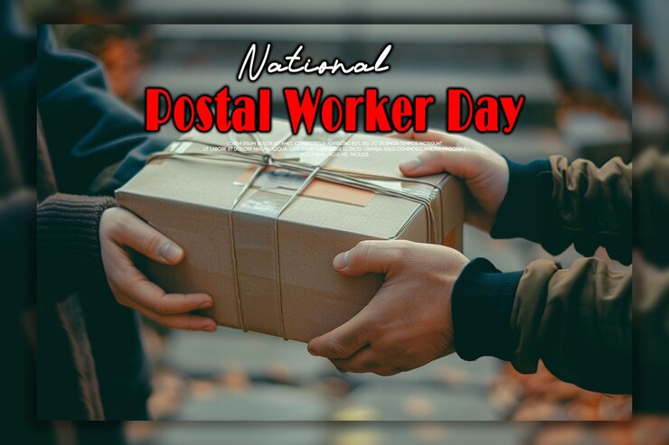 PSD happy deliveryman with national postal worker day background