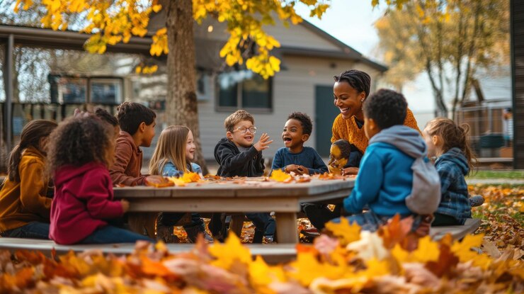 PSD happy diverse children and teacher sitting around a table outdoors in autumn surrounded by fallen leaves