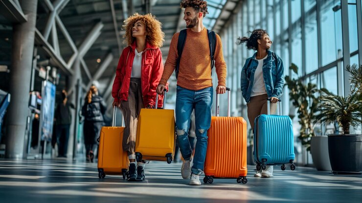 PSD happy diverse friends with luggage walking in airport terminal
