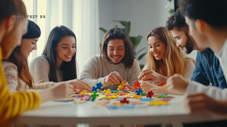PSD happy diverse group of friends collaborating on a colorful puzzle together at home