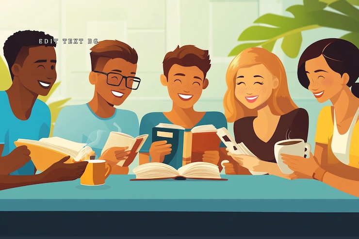 PSD happy diverse group of friends enjoying books and coffee together
