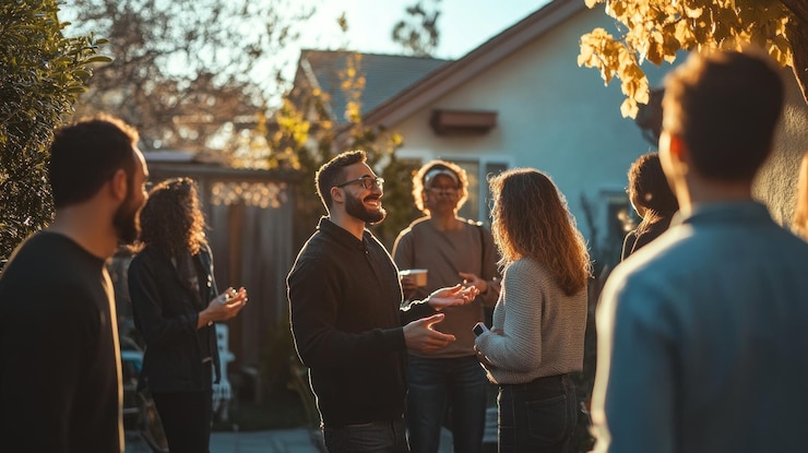 PSD happy diverse group of friends laughing and talking together at an outdoor backyard gathering during golden hour