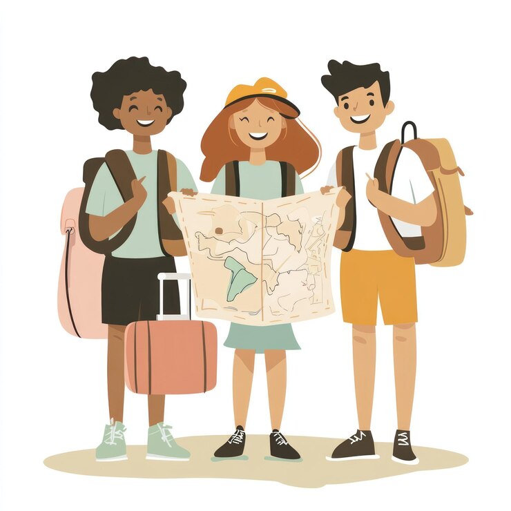 PSD happy diverse kids with backpacks and map planning adventure