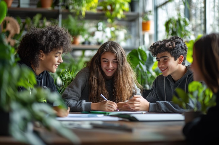 PSD happy diverse teenagers studying together in a plantfilled room