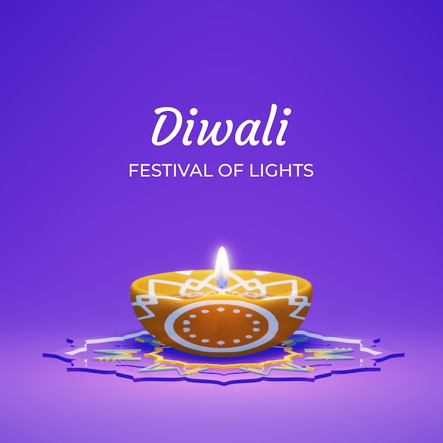 PSD felice diwali 3d illustrazione festosa con rangoli su sfondo viola