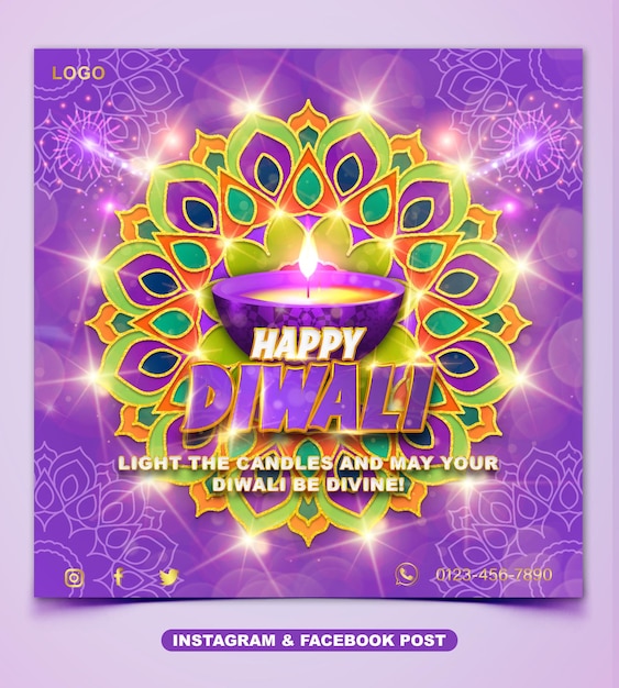 PSD felice celebrazione del festival di diwali con modello di post facebook o instagram con effetto testo 3d