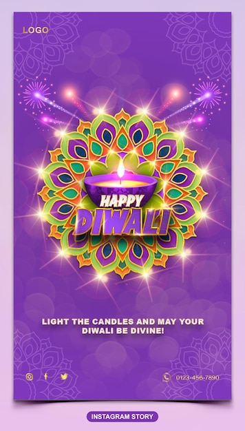 PSD celebrazione felice del festival di diwali con modello di storia di facebook o instagram con effetto testo 3d