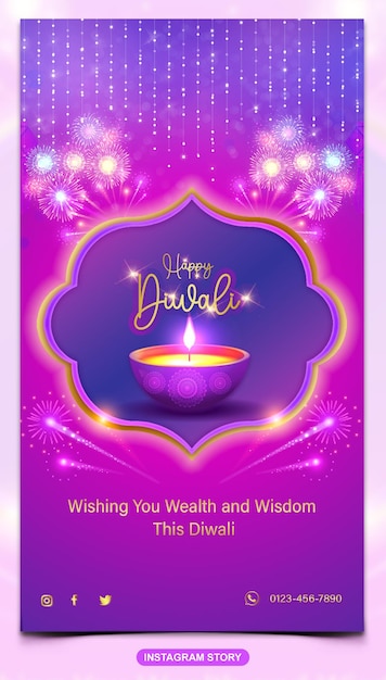 PSD happy diwali festival celebration with burning diya facebook or instagram story template