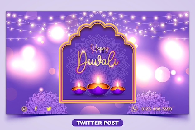 Felice celebrazione del festival di diwali con il modello di post di twitter di diya