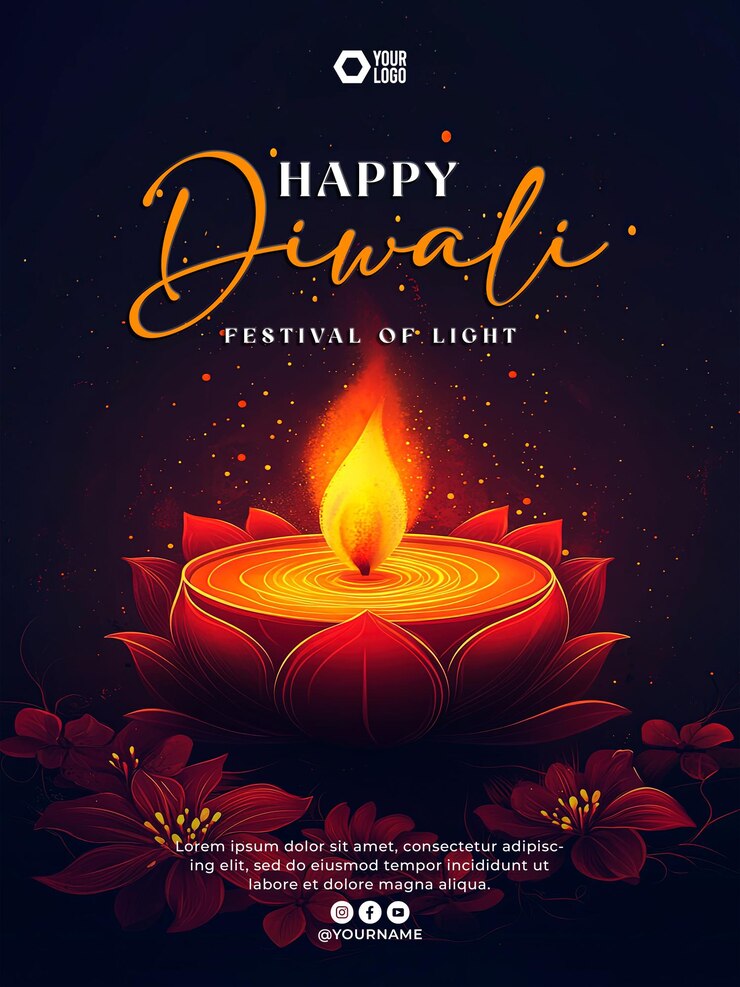 PSD happy diwali festival of lights poster with oil lamp background