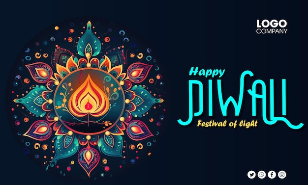 PSD happy diwali light green background with diwali flower elements and mandala