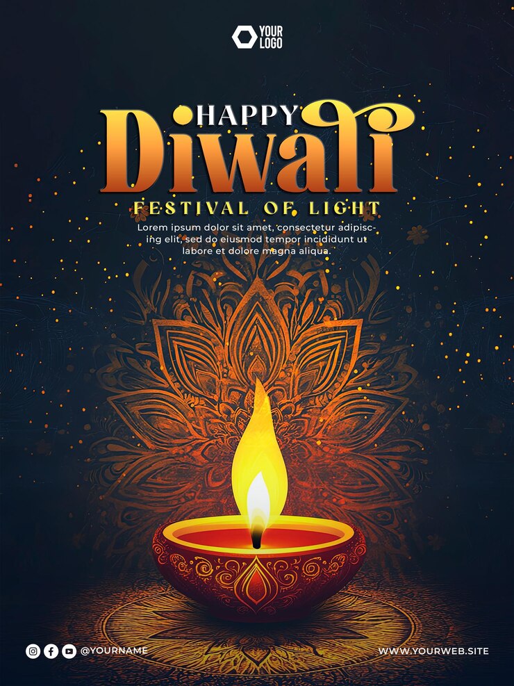 PSD happy diwali poster design for indian festival of lights with oil lamp background