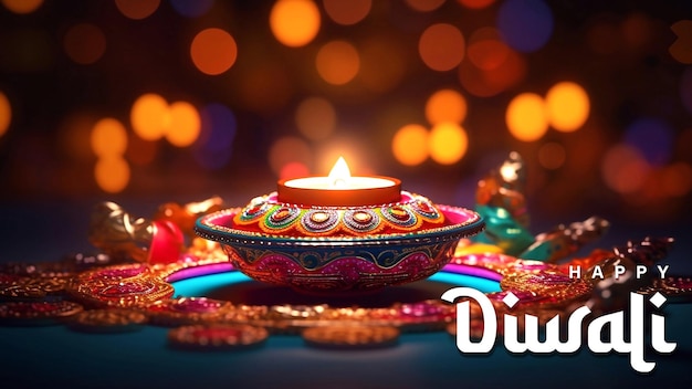 PSD happy diwali poster design con lampade a olio accese su rangoli colorati durante la celebrazione di diwali