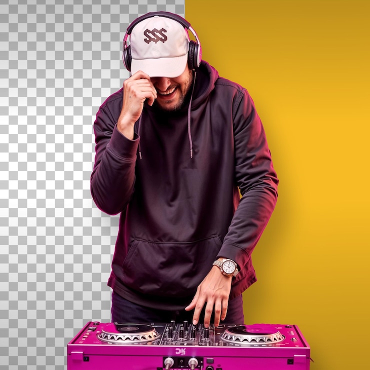 PSD happy dj mixing music on a mixer background transparent
