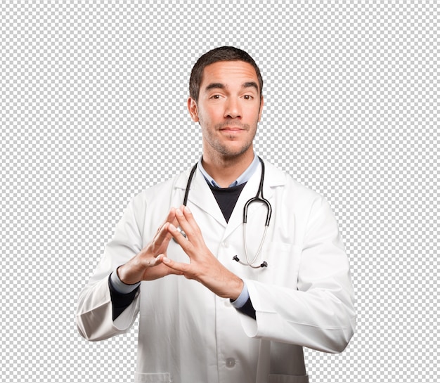 PSD happy doctor with a concentration gesture