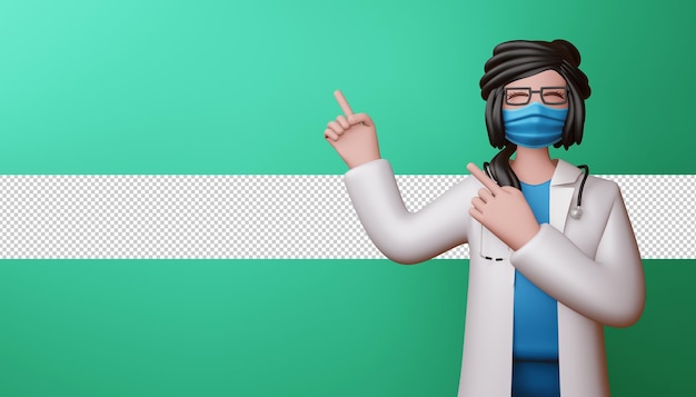 Happy doctor woman pointing fingers 3d rendering