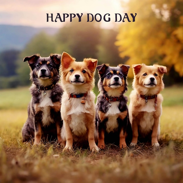 Happy dog day background with group of cute dogs