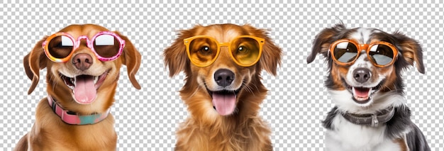 Happy dog wearing summer glasses set isolated on transparent background