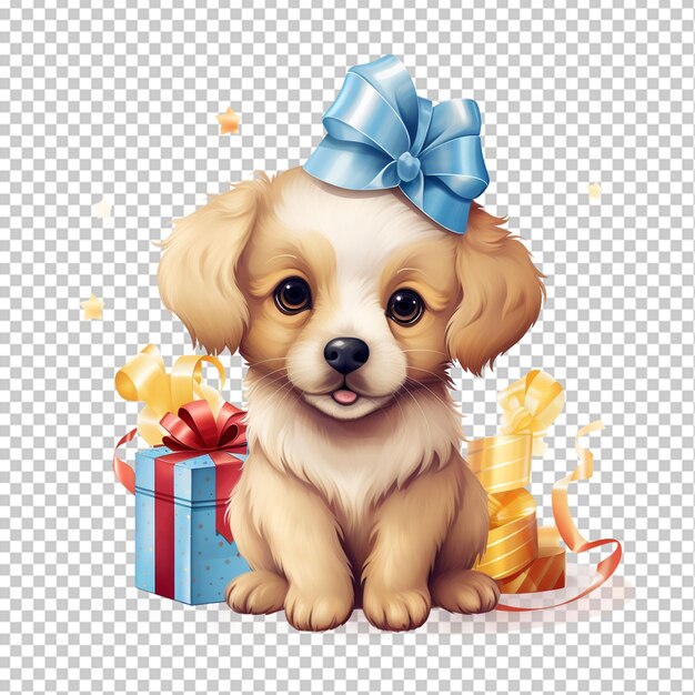 PSD happy dog with gift and bone themed birthday party hat isolated animal illustration on transparent background