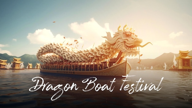 Happy Dragon Boat Festival Dragon Boat in River voor roeiwedstrijd Banner voor Duanwu Festival