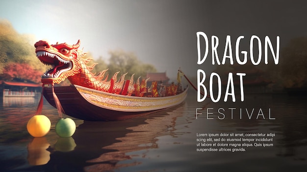 Happy dragon boat festival dragon boat nel fiume per la competizione di canottaggio banner per il festival di duanwu
