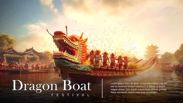 Happy Dragon Boat Festival Dragon Boat in River for Rowing Competition Banner for Duanwu Festival