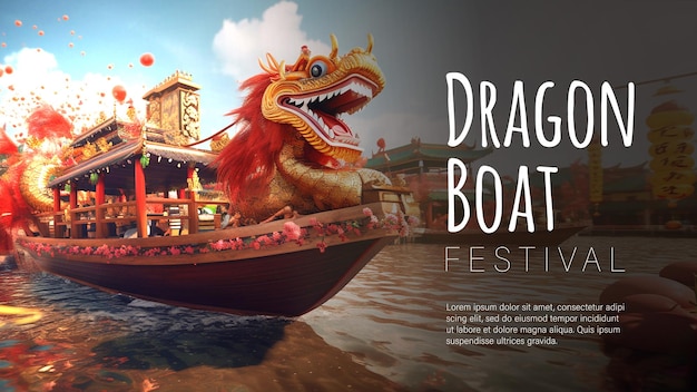 Happy Dragon Boat Festival Smocza łódź W Rzece Na Konkurs Wioślarski Baner Na Festiwal Duanwu