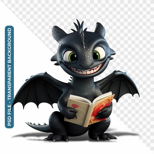 PSD happy dragon is reading a book transparent background psd