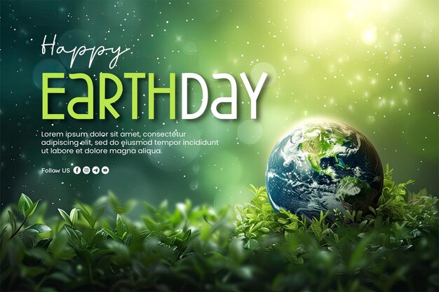 PSD happy earth day banner template with earth and leaves background