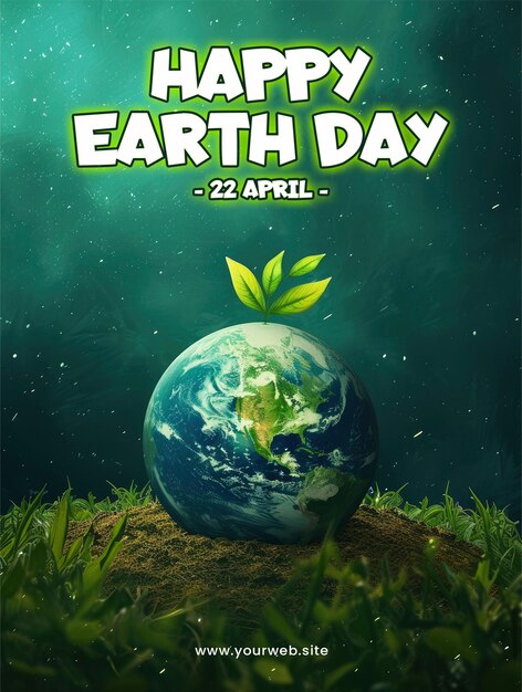 PSD happy earth day poster template with a background of earth and leaves