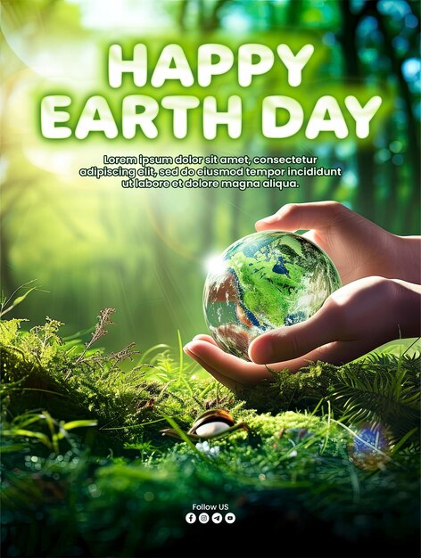 Modello di poster del giorno della terra felice con mani che tengono il globo di vetro nella foresta verde