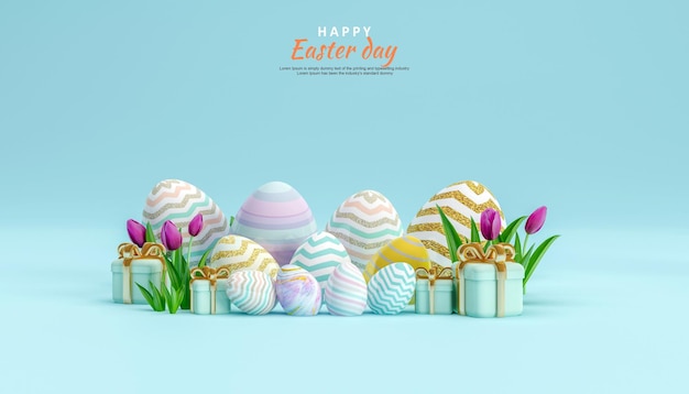 Happy easter background with colorful easter eggs and flower