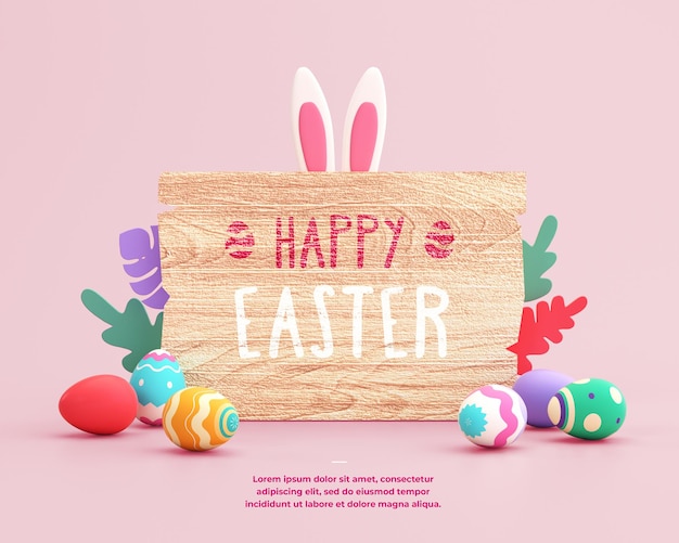 Happy easter banner background text on wooden sign rabbit ears and decorated eggs in pastel colors