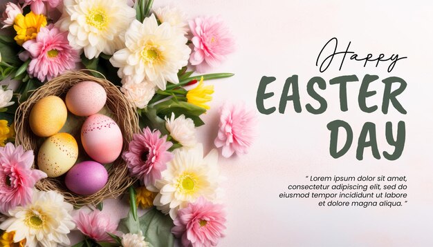 PSD happy easter banner template with a basket filled with candy fresh flowers bunny figurines