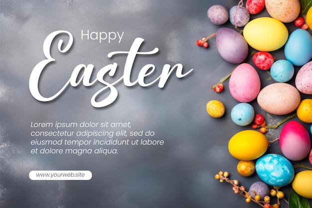 PSD happy easter banner template with decoration background colorful eggs flat lay