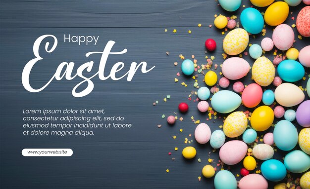 PSD happy easter banner template with decoration background colorful eggs flat lay