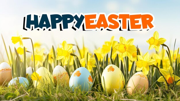 Happy easter banner template with easter eggs and daffodil flower