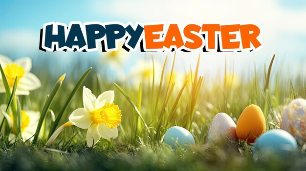 PSD happy easter banner template with easter eggs and daffodil flower