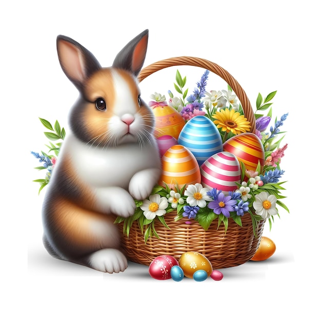 PSD happy easter bunny with eggs basket design