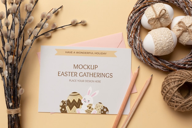 PSD happy easter card mockup design with easter eggs